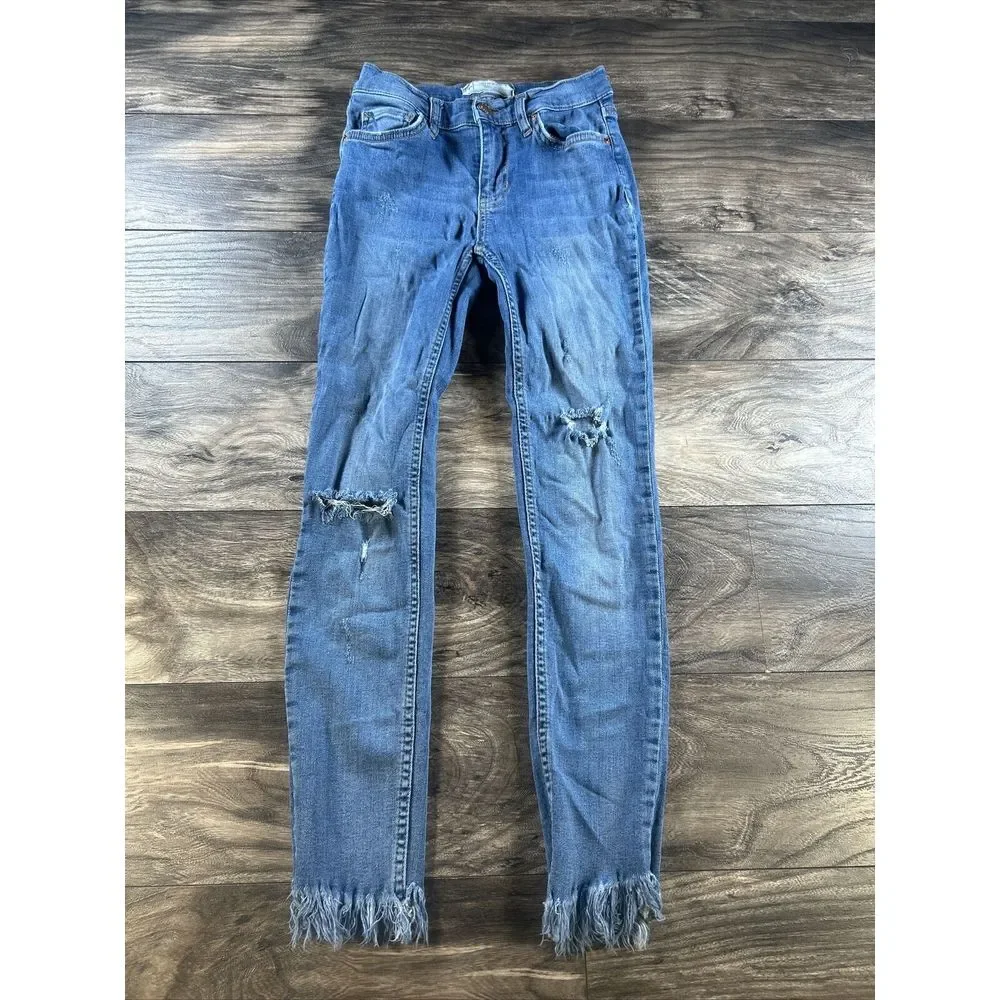 Free People Jeans Womens 24 Blue Ankle Skinny Frayed Raw Hem Ripped Distressed‎